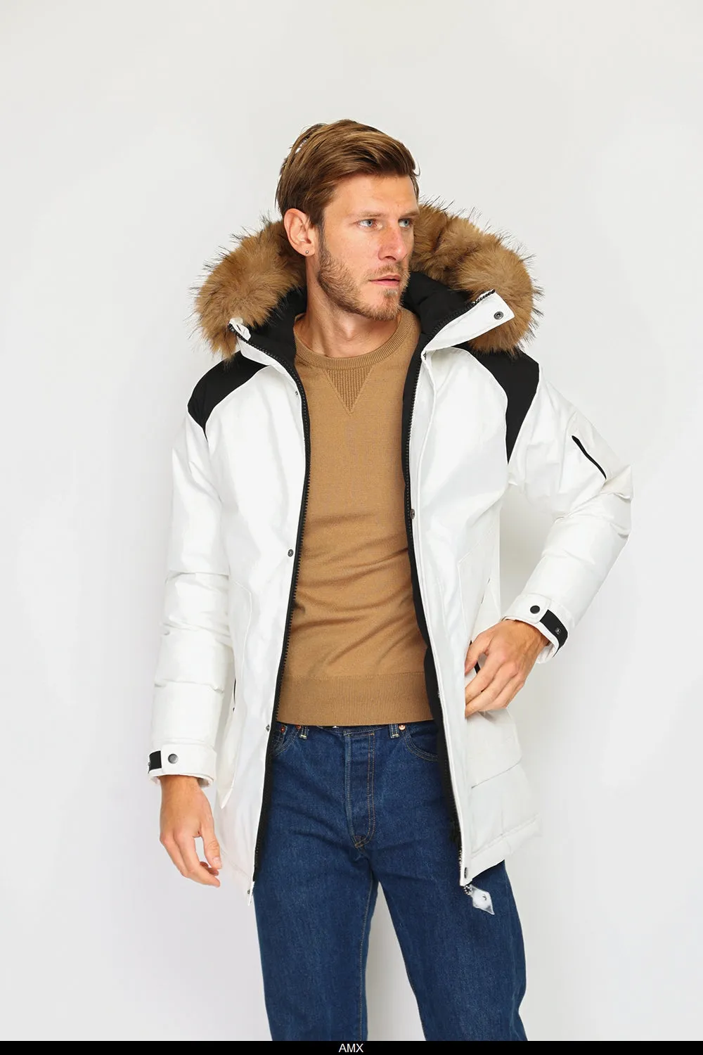 Semi-long waterproof bi-color down jacket with thermal insulation up to -20°C, with removable fur hood, multi-pockets, long sleeves, adjustable cuffs