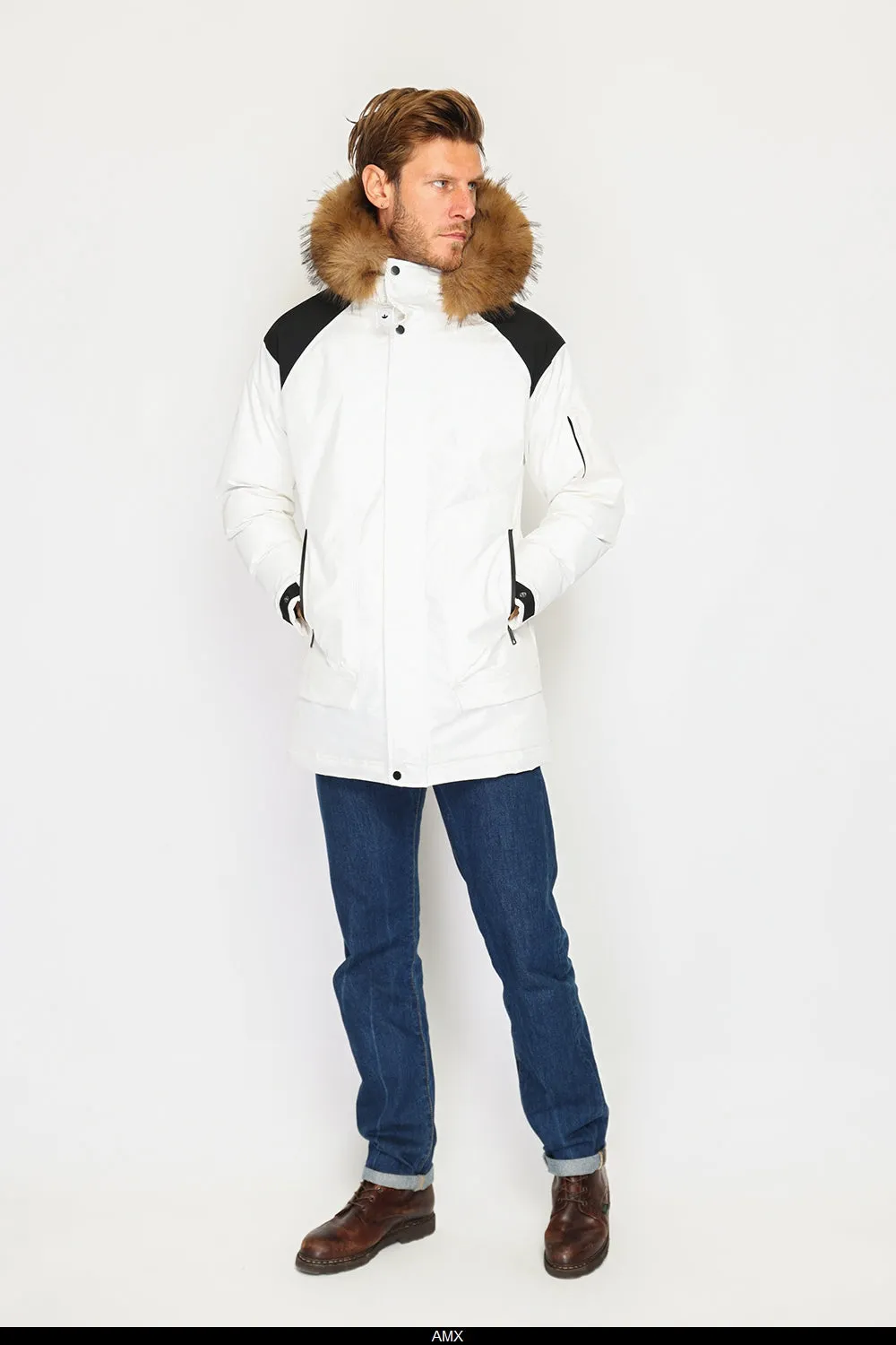 Semi-long waterproof bi-color down jacket with thermal insulation up to -20°C, with removable fur hood, multi-pockets, long sleeves, adjustable cuffs