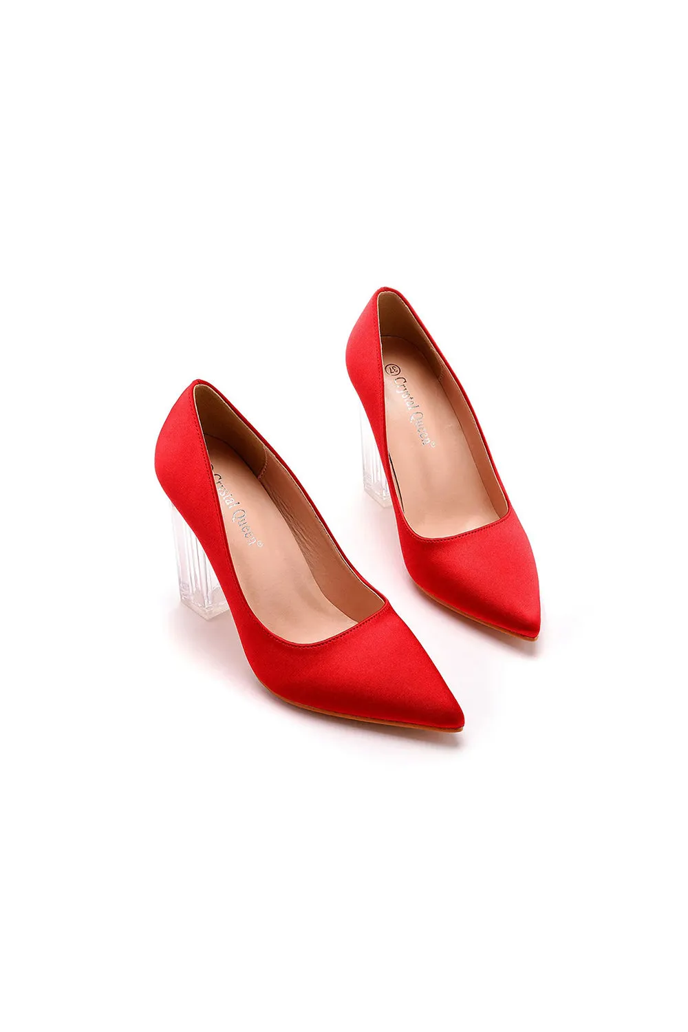 Simple Satin Slip on Pointed Toe Transparent Block Heels