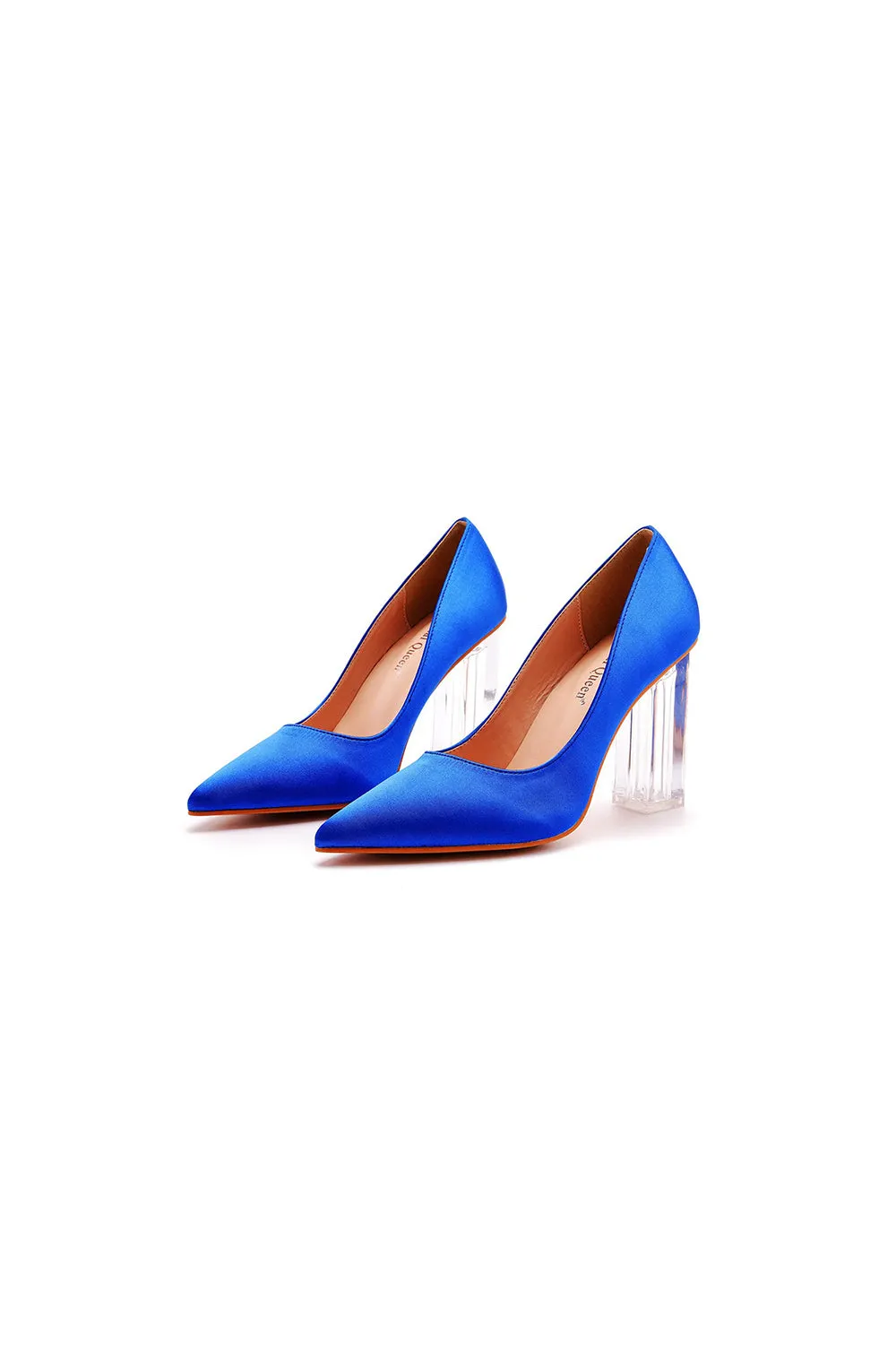 Simple Satin Slip on Pointed Toe Transparent Block Heels