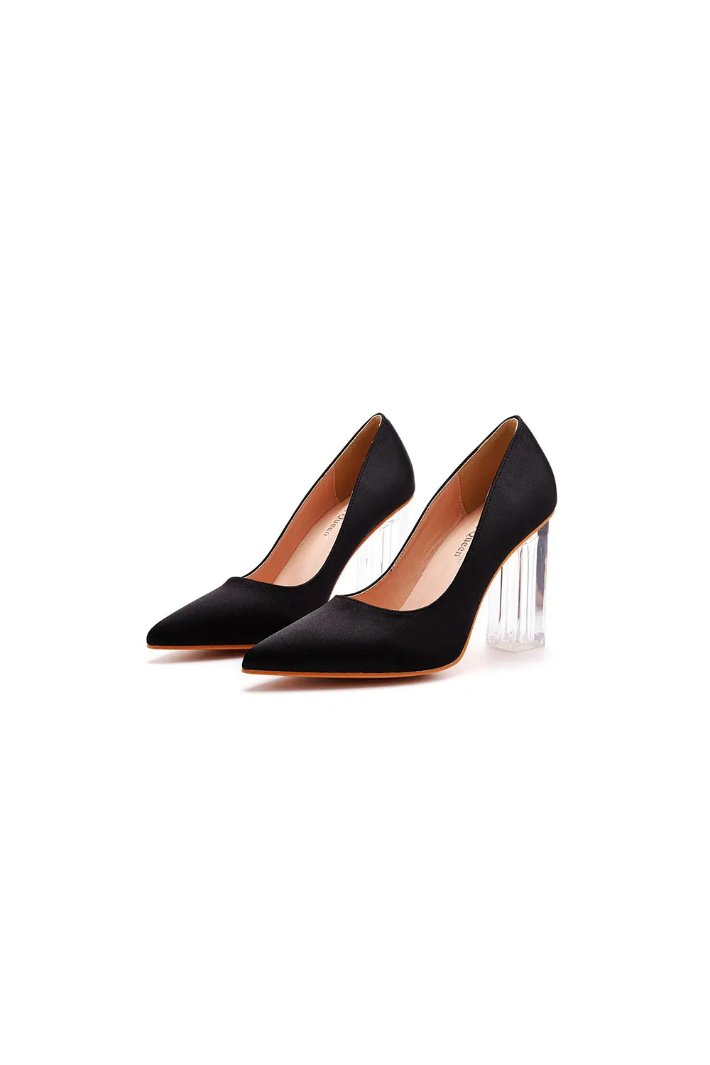 Simple Satin Slip on Pointed Toe Transparent Block Heels