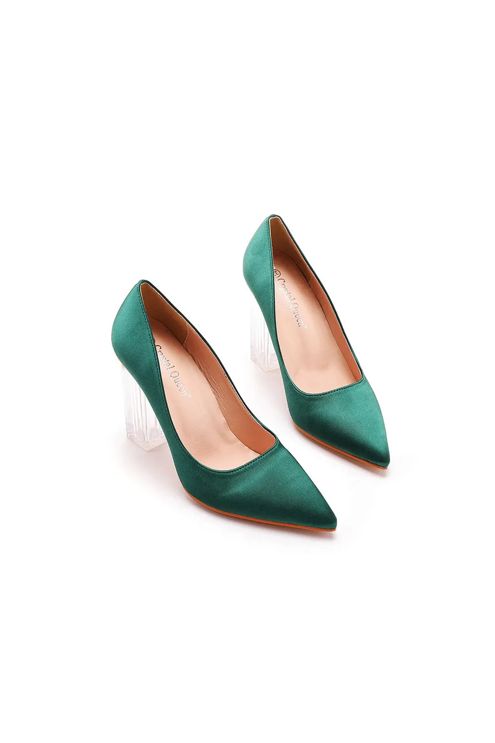 Simple Satin Slip on Pointed Toe Transparent Block Heels