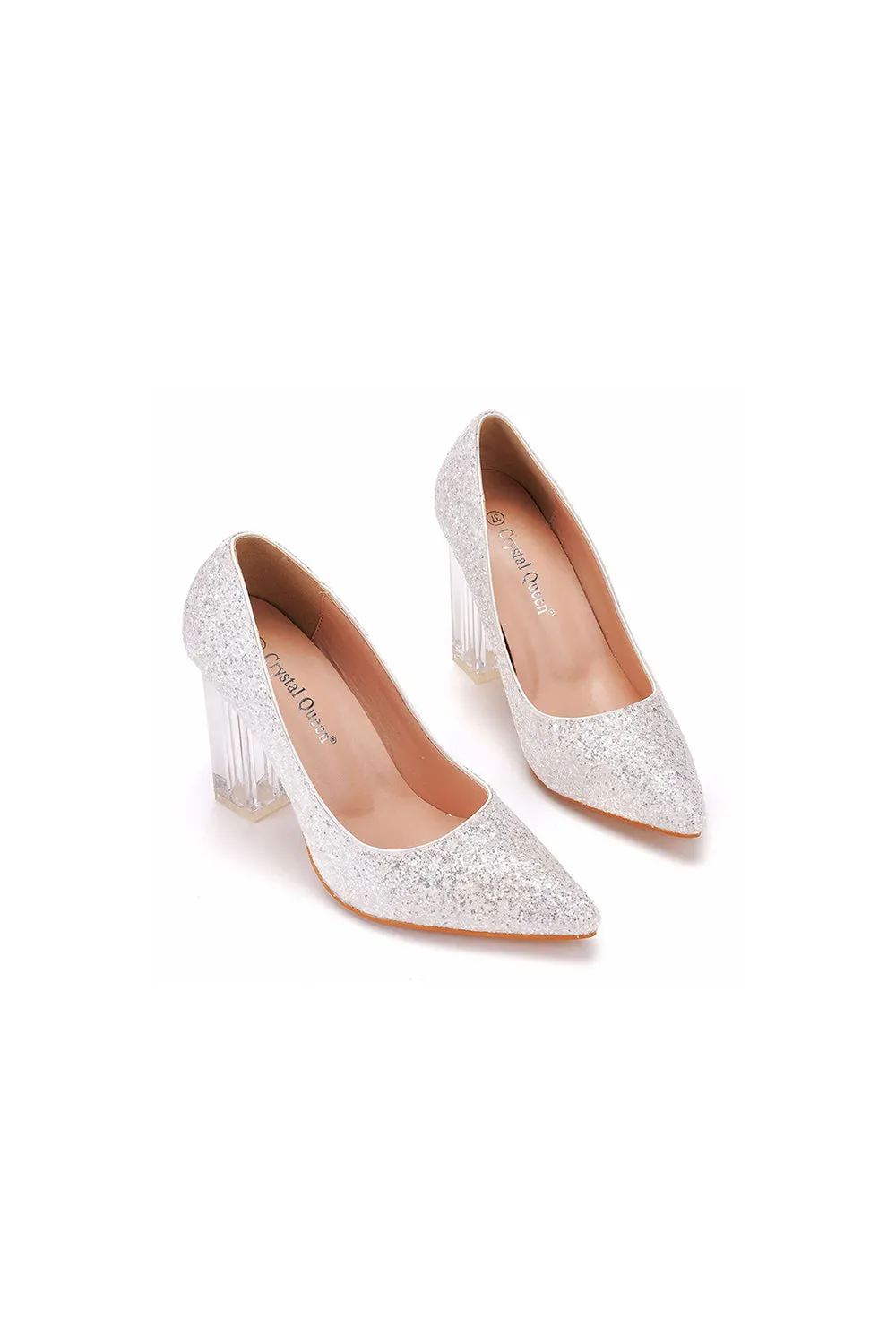 Simple Satin Slip on Pointed Toe Transparent Block Heels