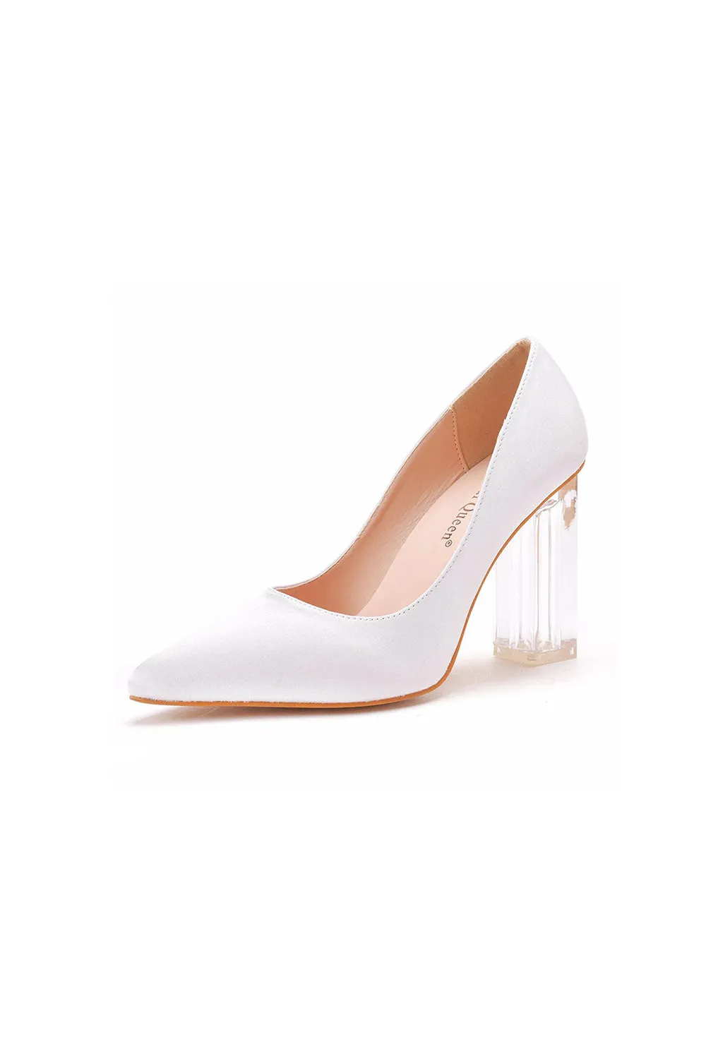 Simple Satin Slip on Pointed Toe Transparent Block Heels