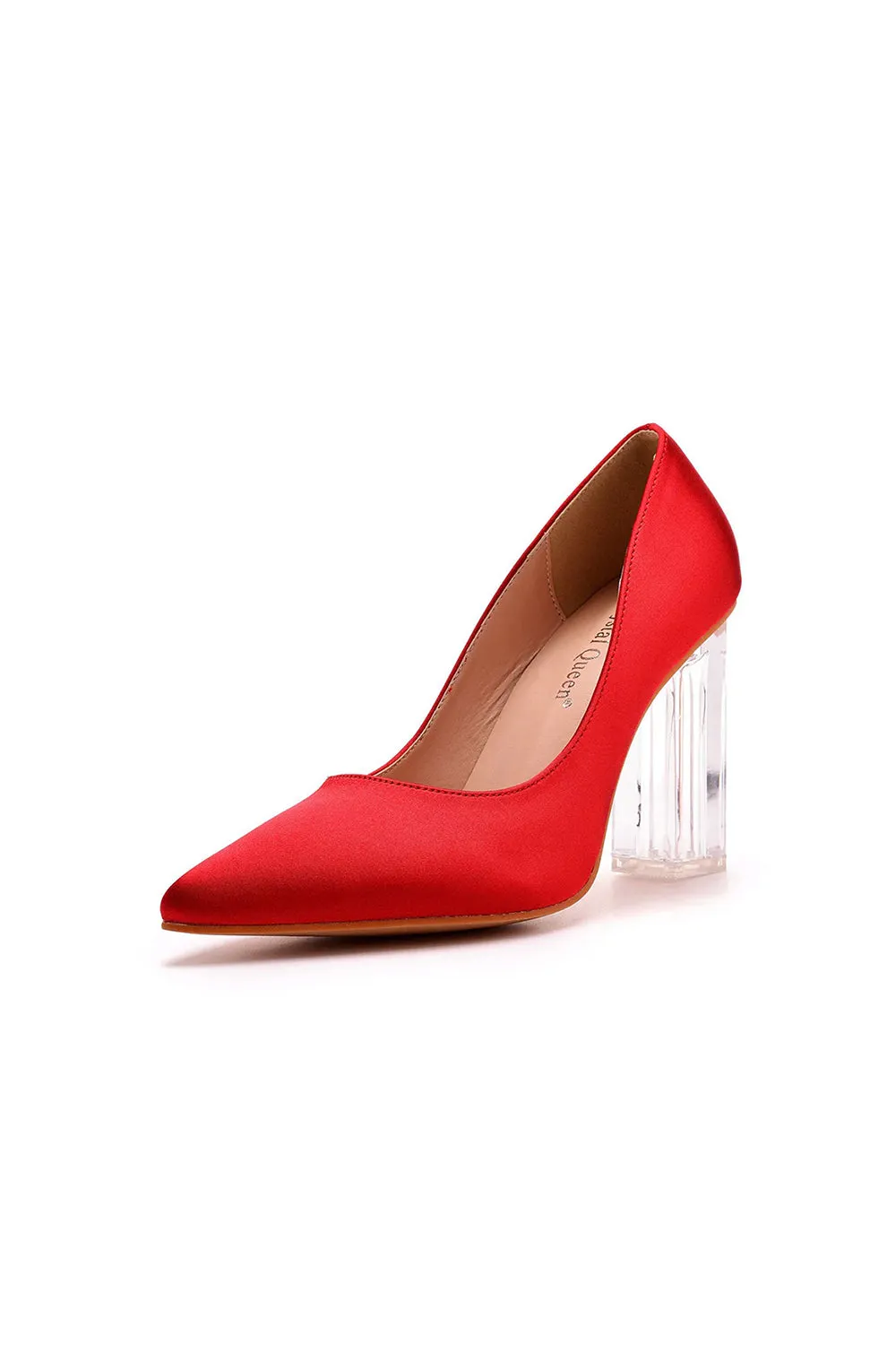 Simple Satin Slip on Pointed Toe Transparent Block Heels