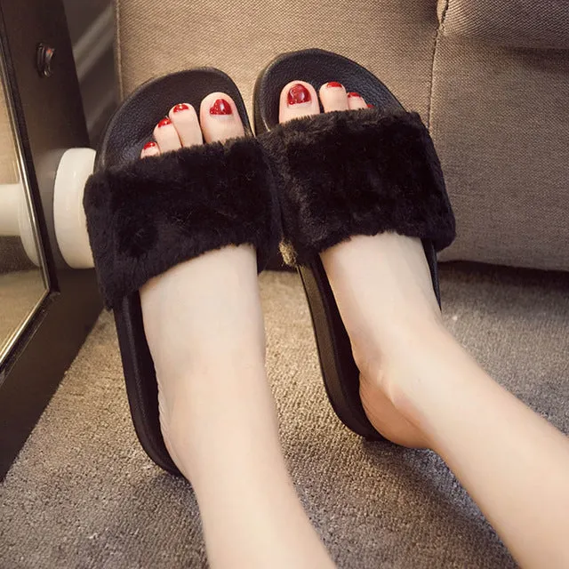 Slippers Womens Zapatos Mujer Ladies Slip On Sliders Fluffy Faux Fur Flat New Fashion Female Casual Slipper Flip Flop Sandal