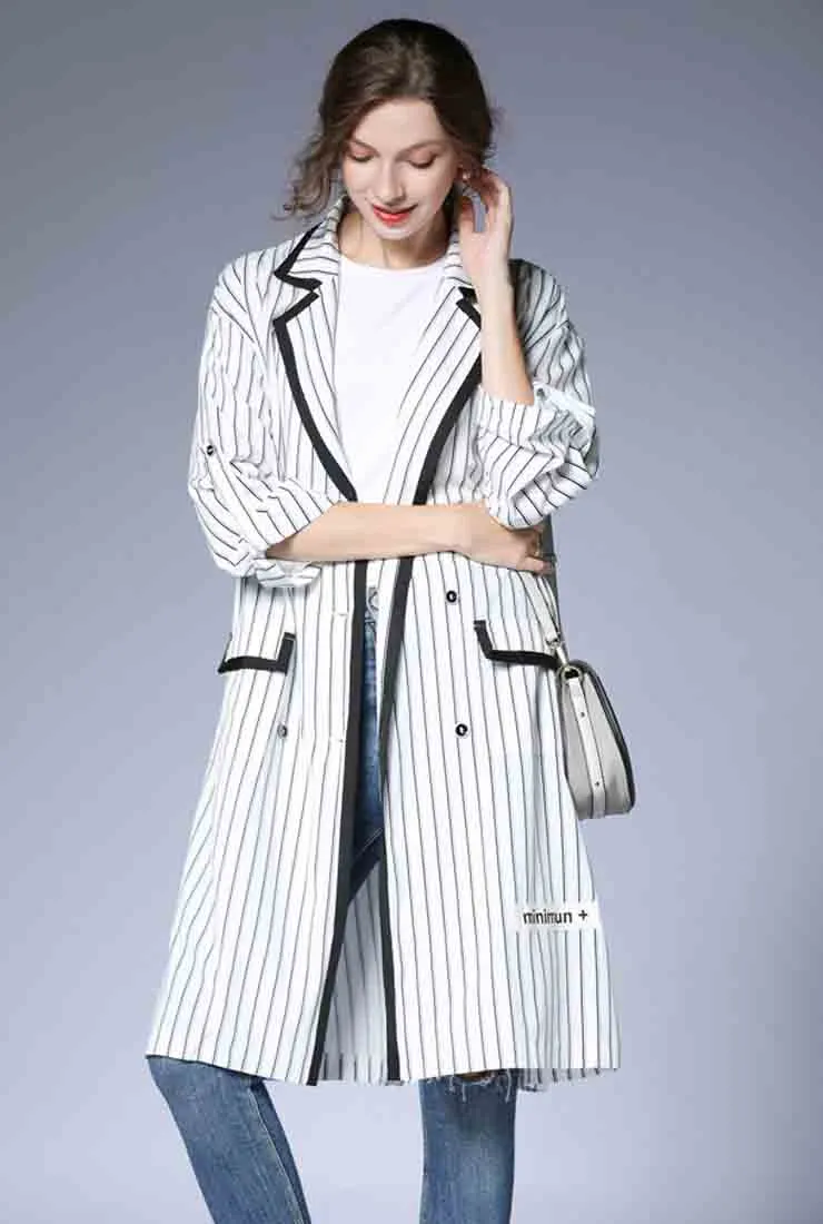 Striped Printed Trench Coat Whit Belt