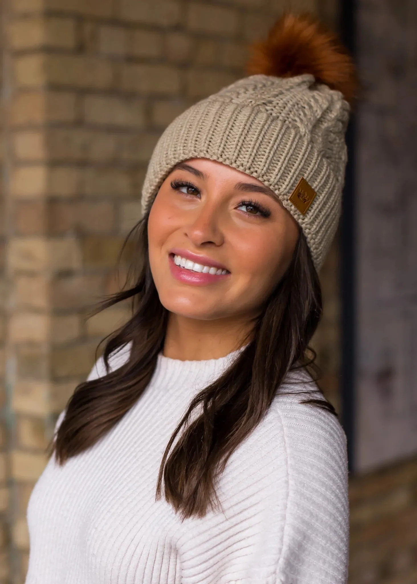 Tan Cable Knit Fleece Lined Hat w/ Rust Pom