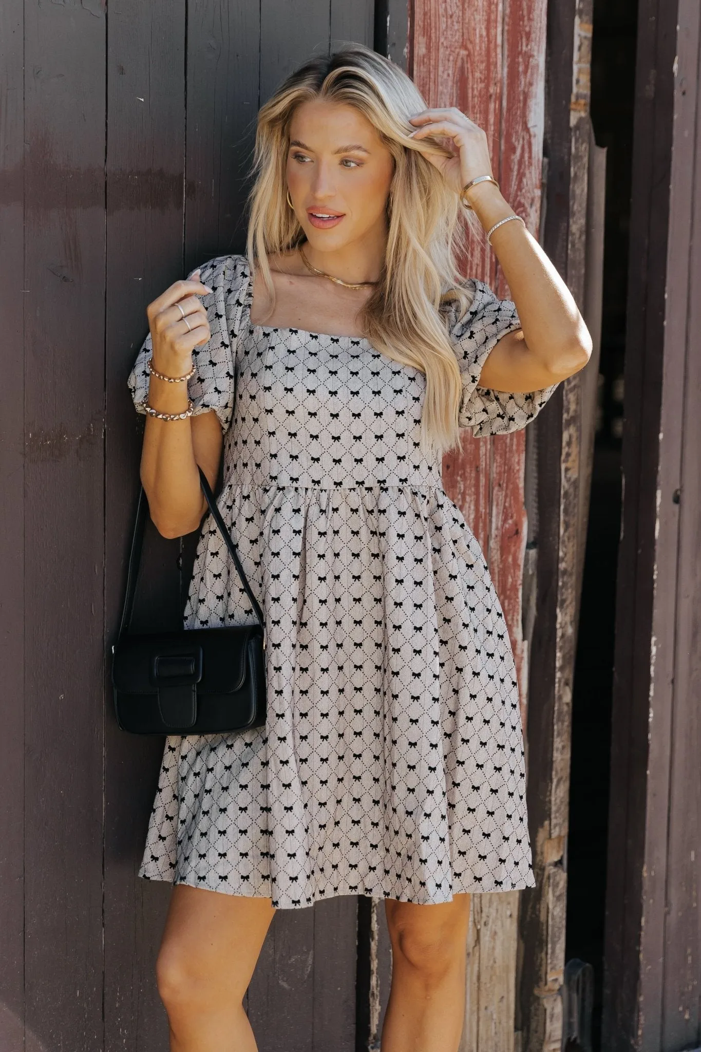 Taupe Puff Sleeve Bow Print Mini Dress - FINAL SALE