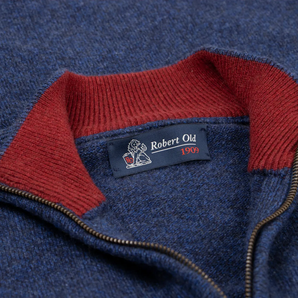 The Bowmore 1/4 Zip Neck Cashmere Sweater - Navy Marl / Russet