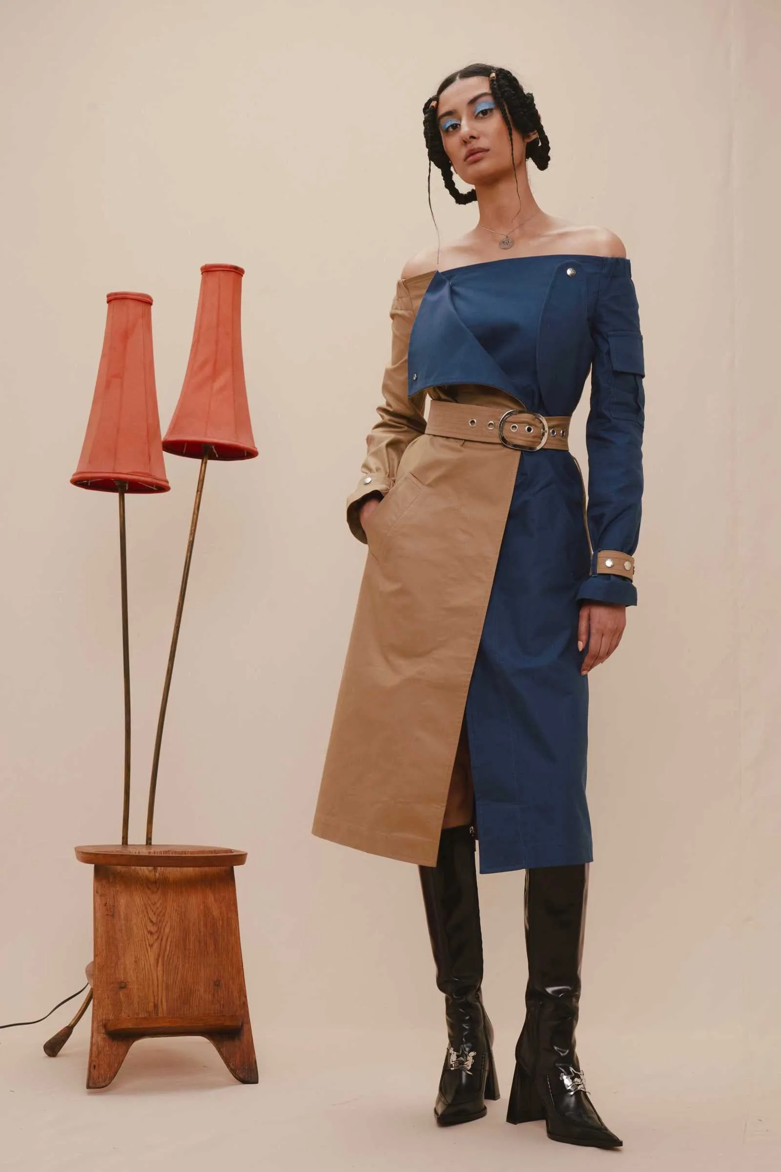 Thebe Magugu- Off Shoulder Bi-Color Trench Coat: Beige/Blue