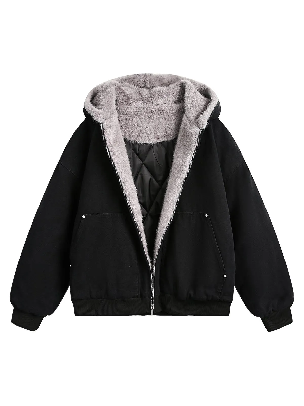 Thesupermade Fur Hooded Zip Up Quilted Jacket