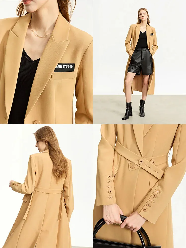 Trench Coats Slim-fit Long Belt Blazer Collar Solid Wide-waisted Lady Jackets