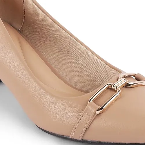 tresmode JOVIN Women's Block Heels Pumps Leather Khaki, 5 UK / 38 EU - Square Toe Ladies Footwear Soft Comfortable Sandals