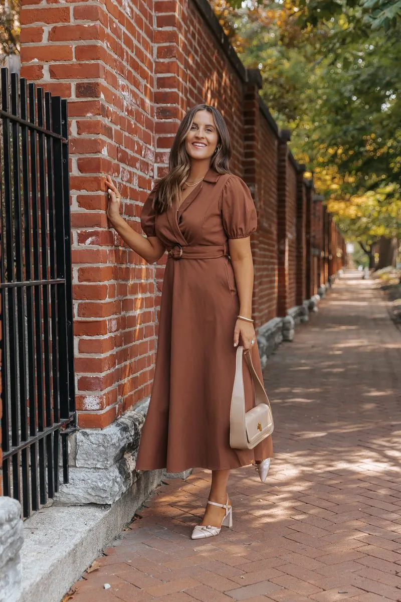 True Autumn Brown Belted Midi Dress - DOORBUSTER