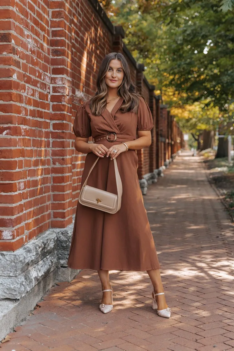 True Autumn Brown Belted Midi Dress - DOORBUSTER