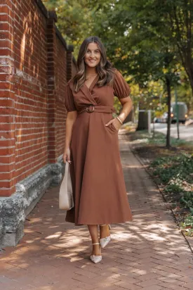 True Autumn Brown Belted Midi Dress - DOORBUSTER