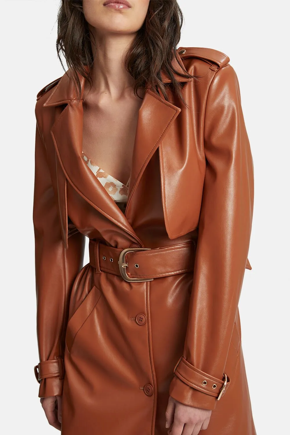 Vegan Leather Trench Coat - Tan