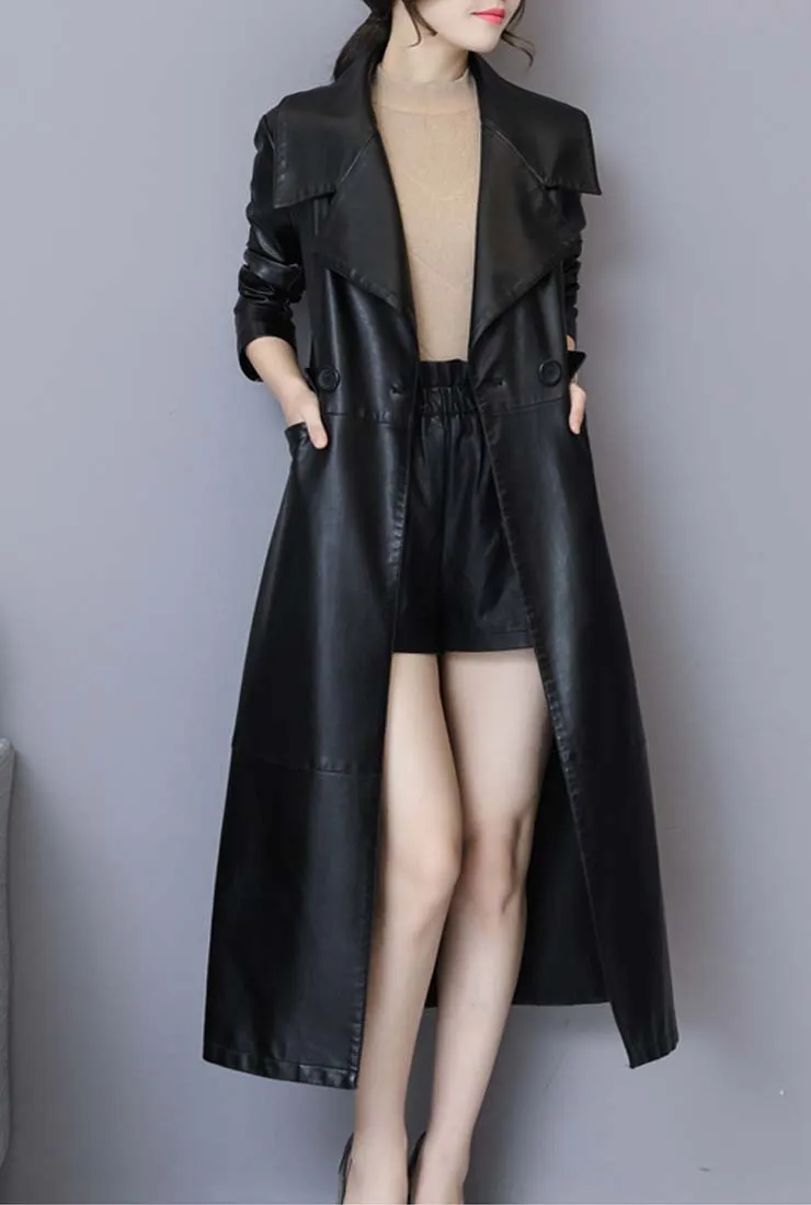 Vintage Black Faux Leather Trench Long Coat