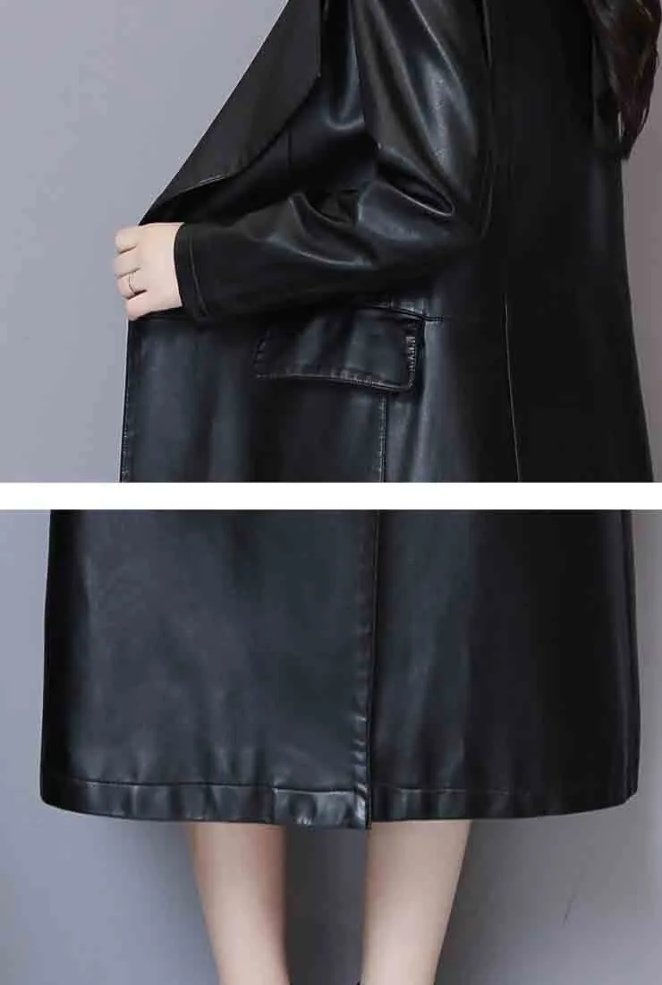 Vintage Black Faux Leather Trench Long Coat