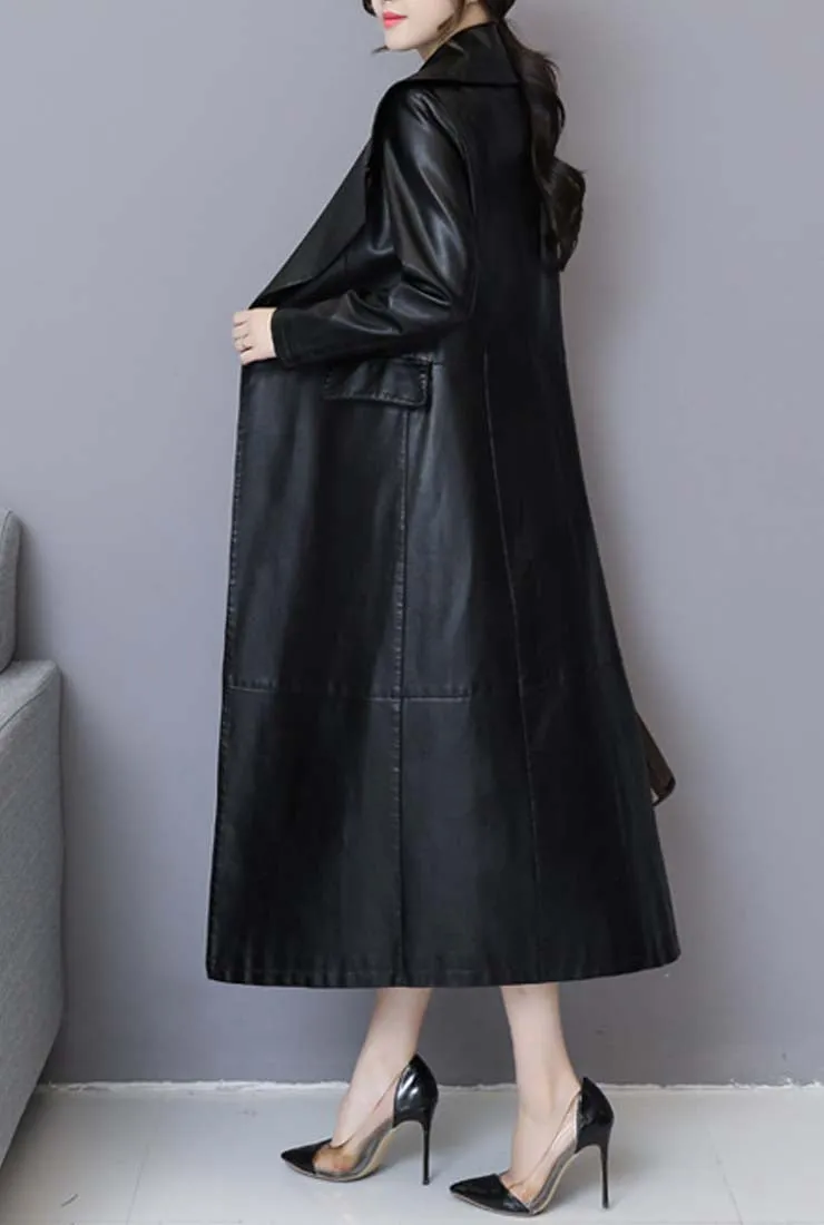 Vintage Black Faux Leather Trench Long Coat