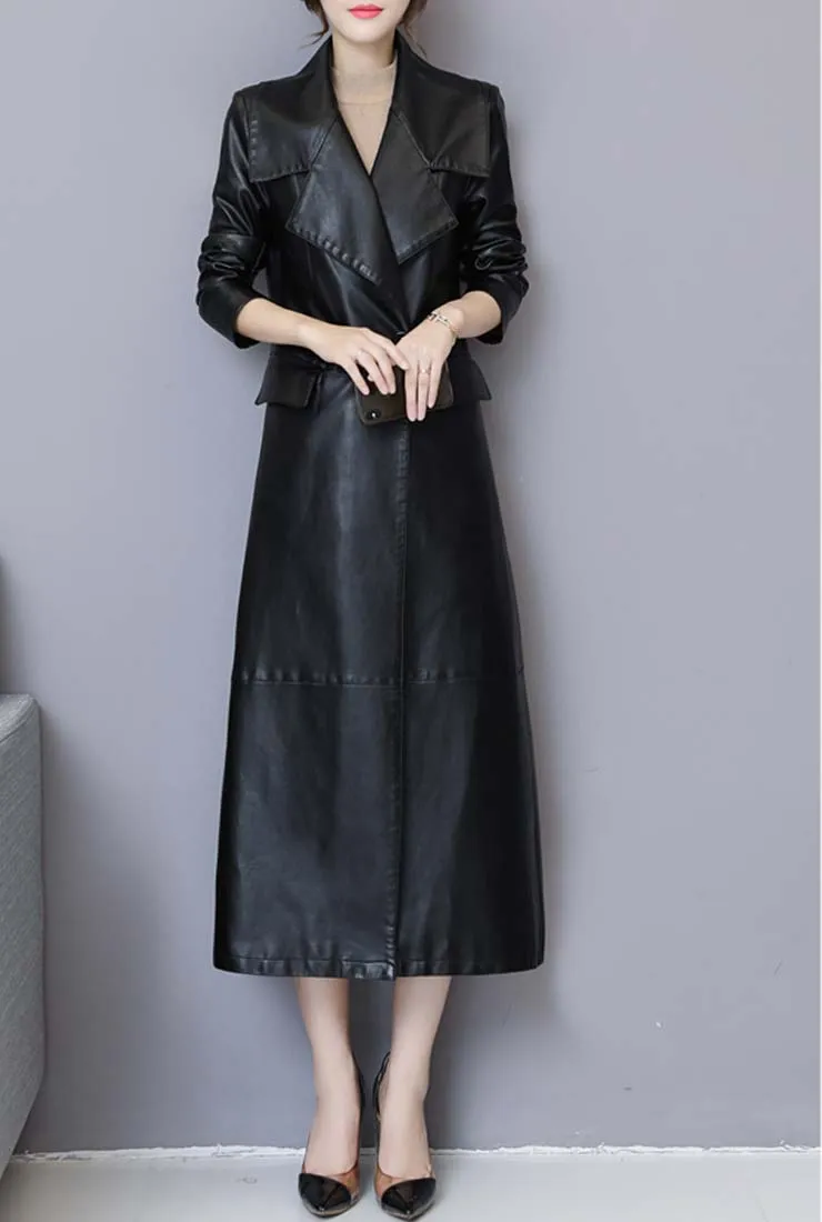 Vintage Black Faux Leather Trench Long Coat