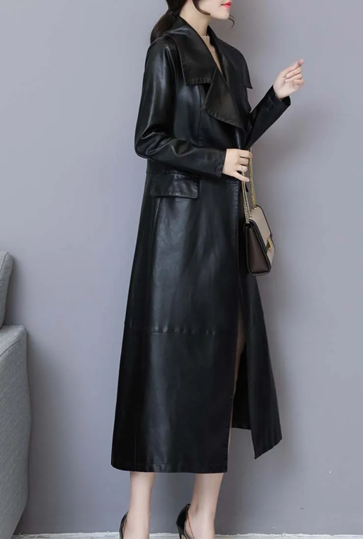 Vintage Black Faux Leather Trench Long Coat