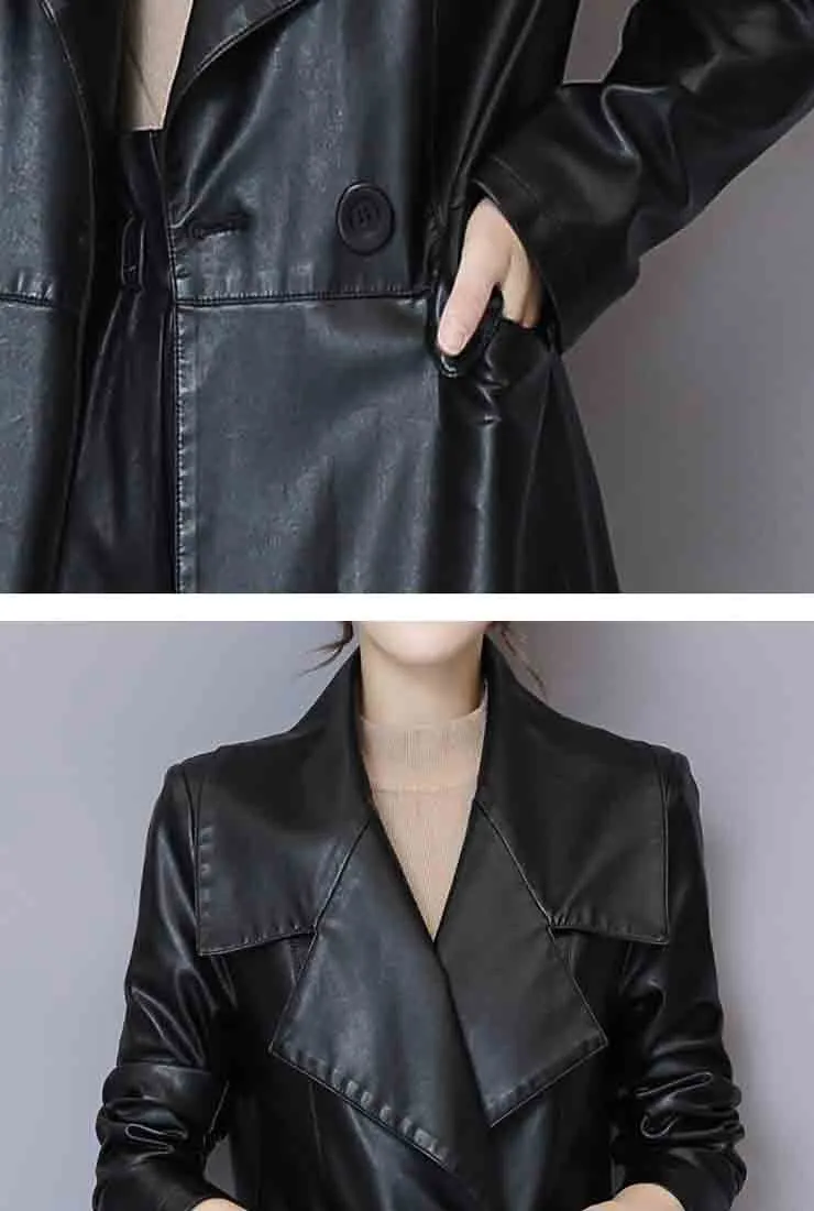 Vintage Black Faux Leather Trench Long Coat