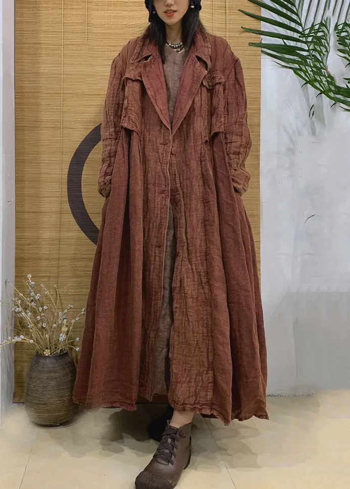 Vintage Caramel Notched Button Linen Trench Coat Spring AA1006