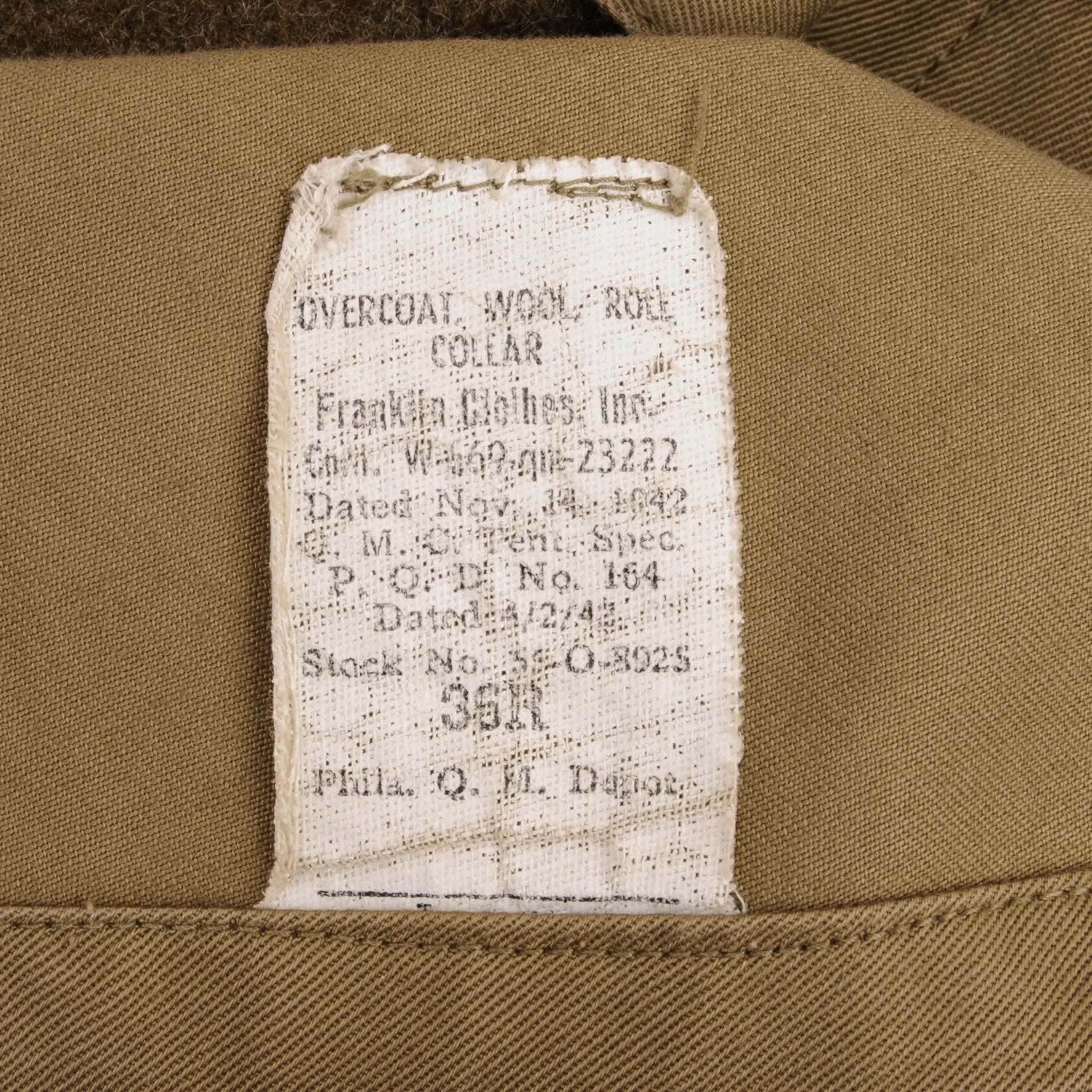 VINTAGE US ARMY M-1939 OVERCOAT WOOL COAT 2ND DIVISION PATCH 1942 WW2 SIZE 36R