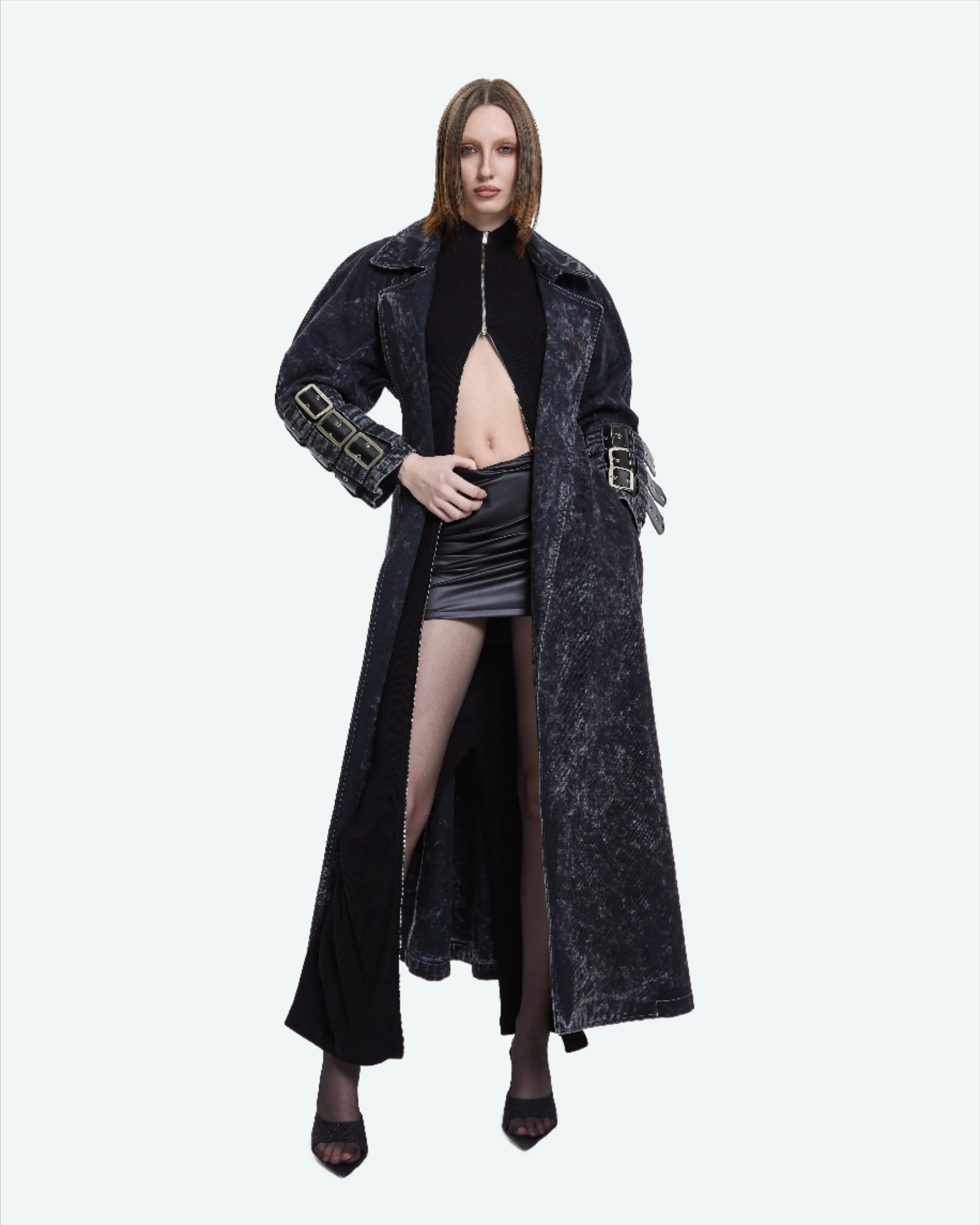 Voidwalker Trench Coat in Black Acid Wash