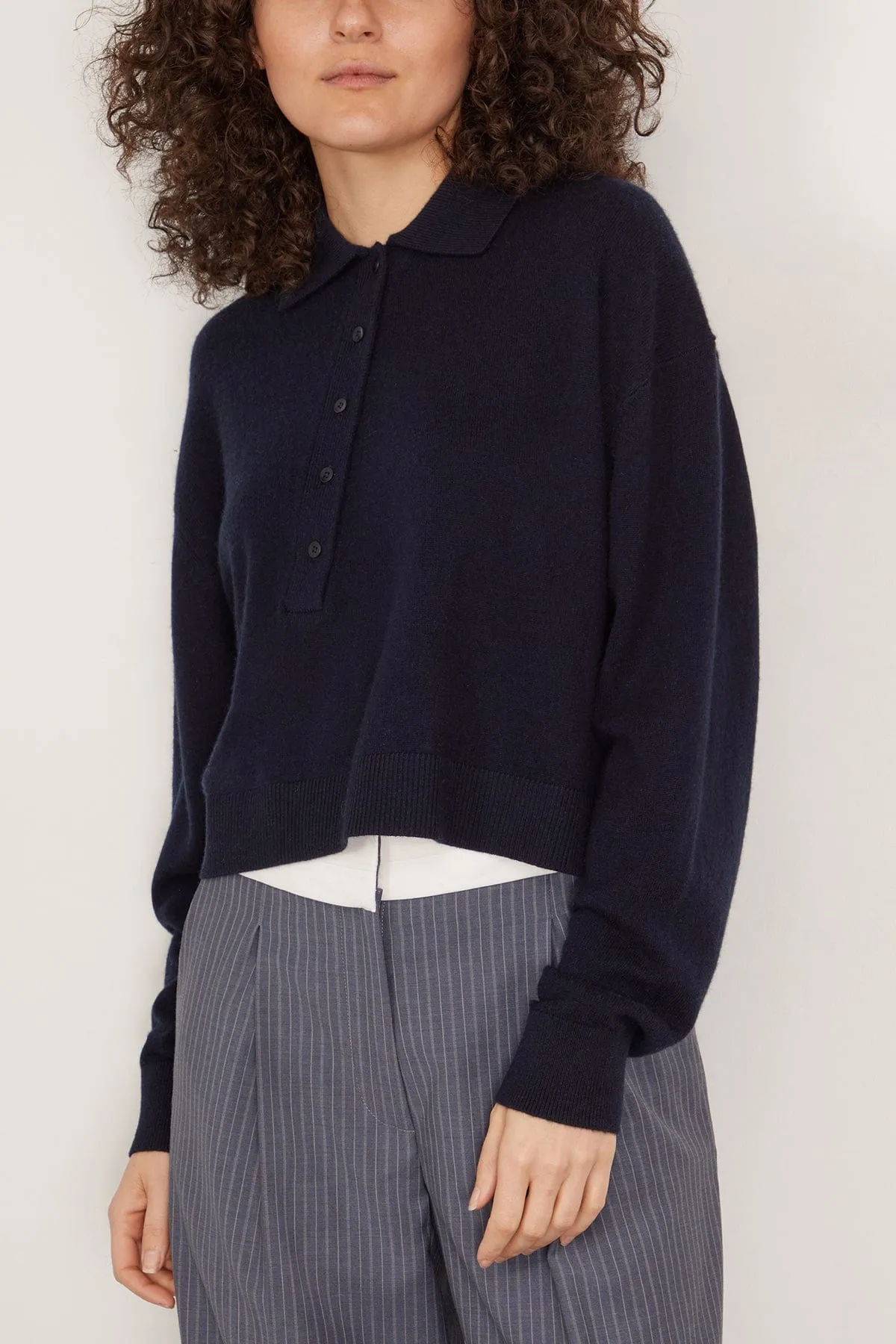 Washable Cashmere Easy Polo Cropped Sweater in Navy