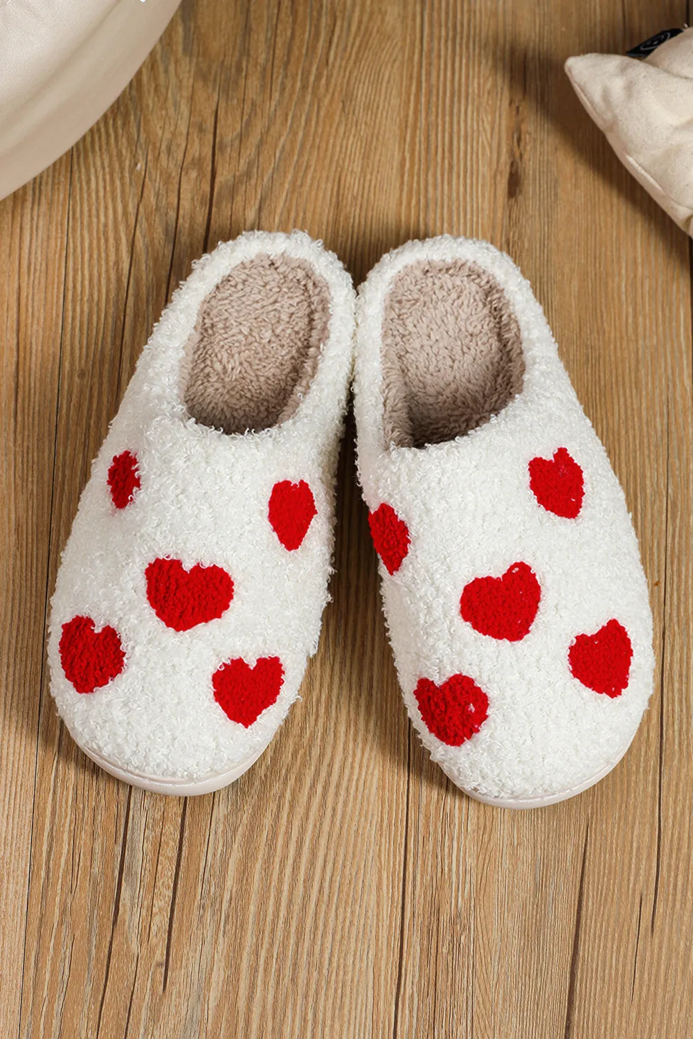 White Valentines Day Hearts Print Plush Slippers