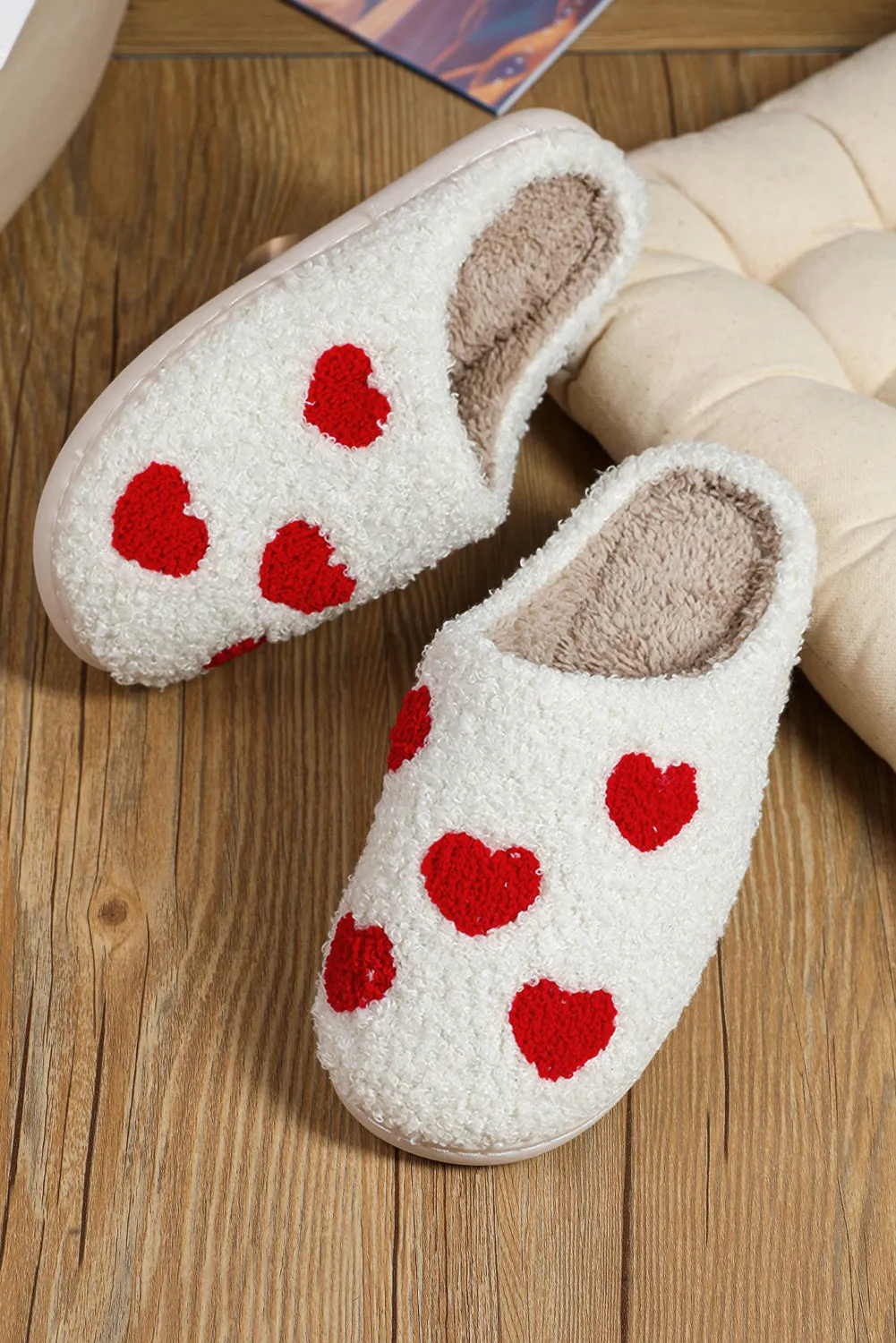 White Valentines Day Hearts Print Plush Slippers