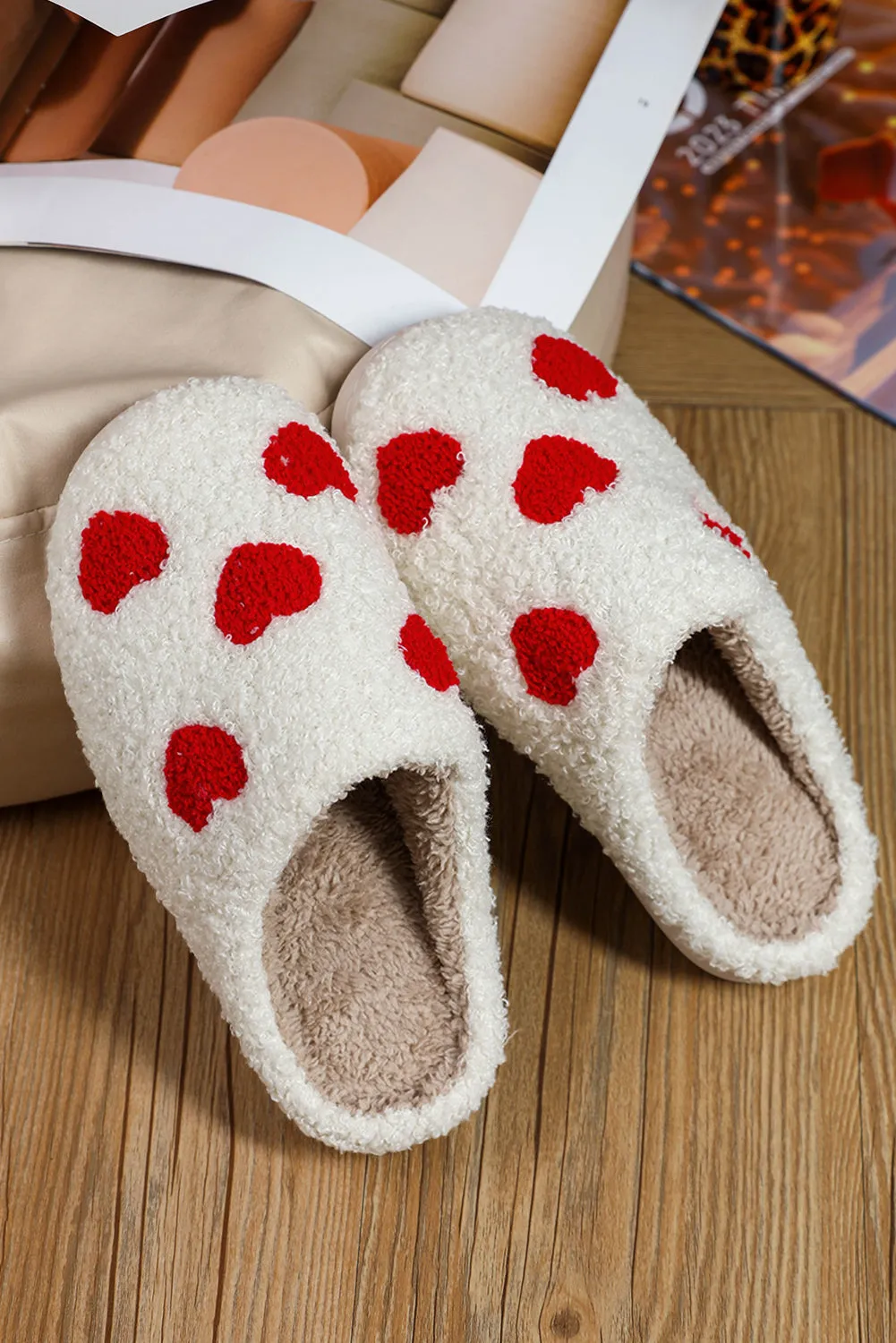 White Valentines Day Hearts Print Plush Slippers