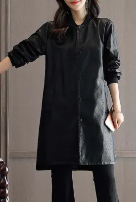 Winter Round Neck Black Faux Leather Coat