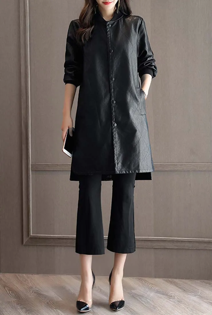 Winter Round Neck Black Faux Leather Coat