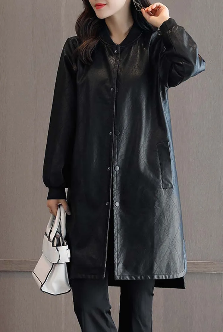 Winter Round Neck Black Faux Leather Coat