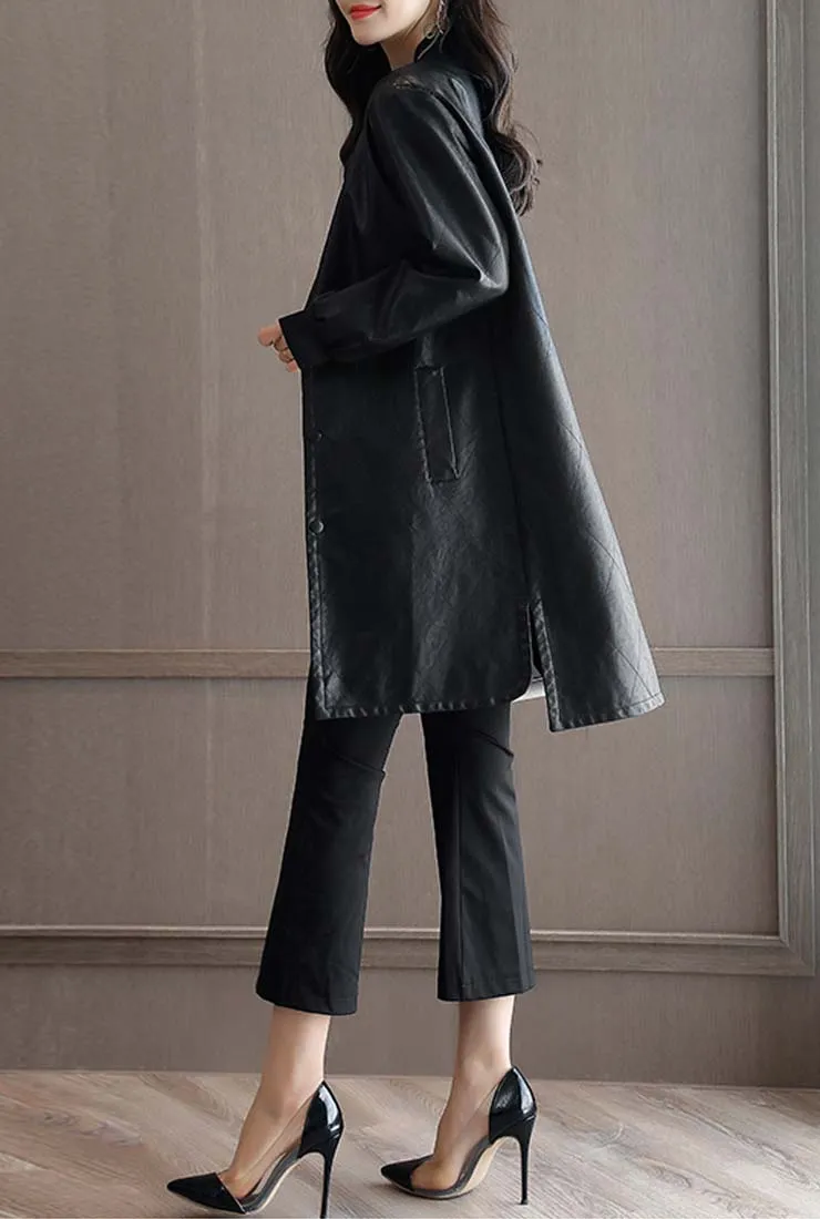 Winter Round Neck Black Faux Leather Coat