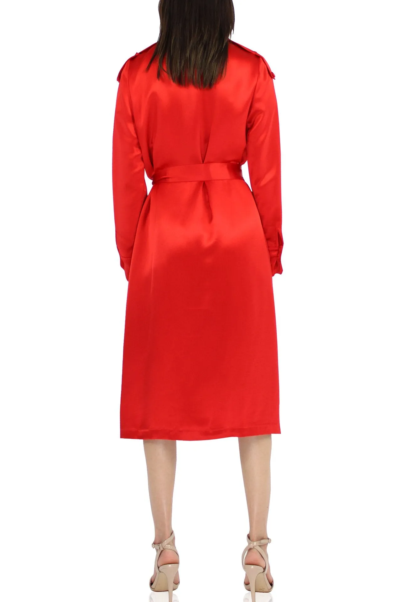 Women Belted Trench Coat In Red