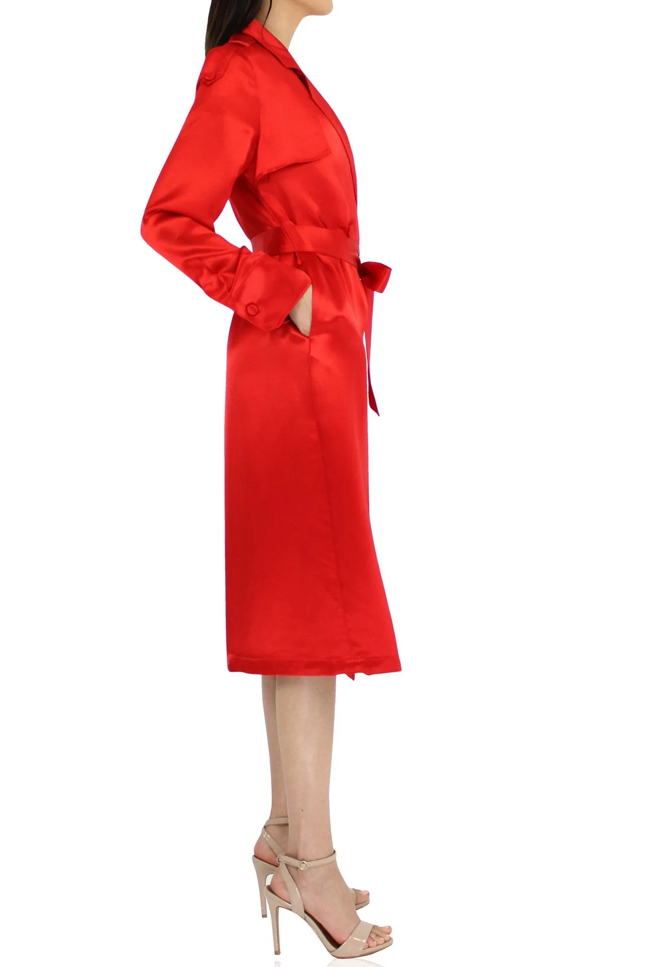 Women Belted Trench Coat In Red