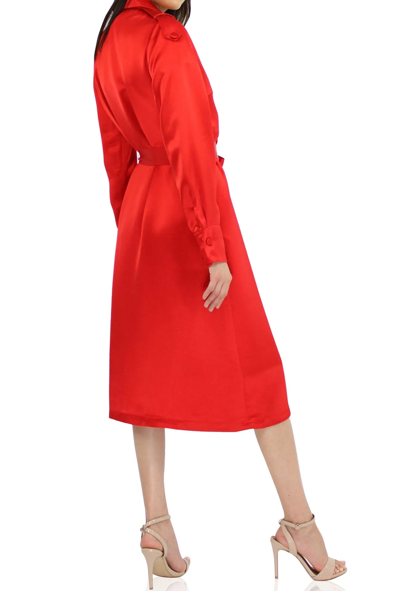 Women Belted Trench Coat In Red