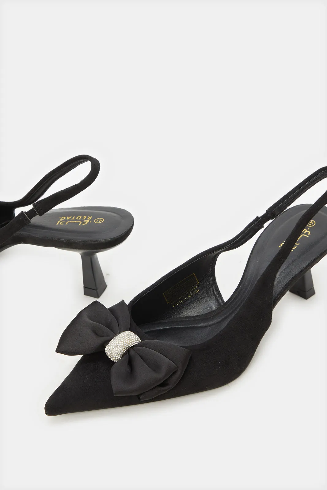 Women Black Embellished Bow Sling Back