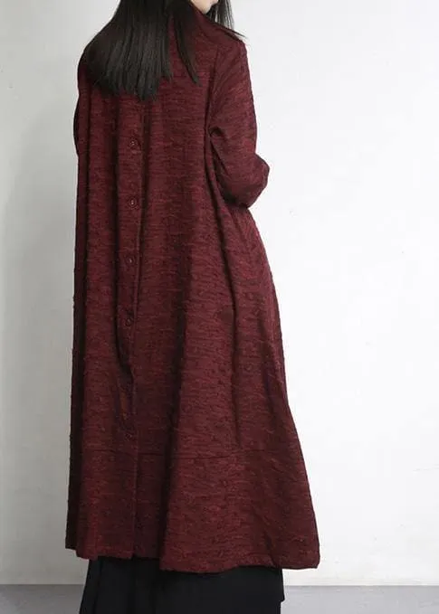 Women Burgundy Jacquard Plus Size Clothes Large Hem Outwear