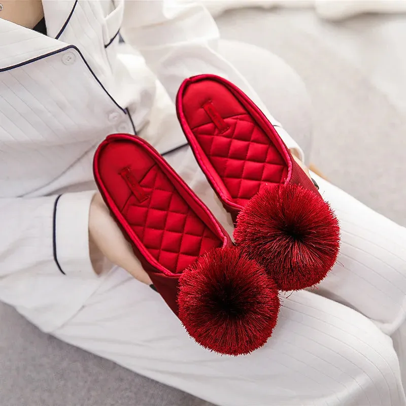 Women Satin Furry Slippers