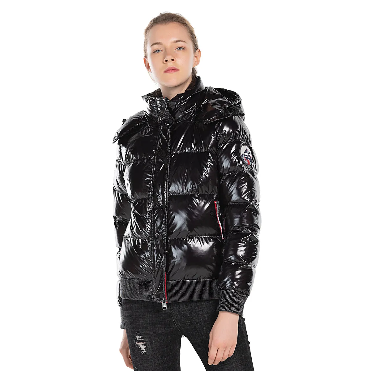 Women's Down Puff Jacket in Pure Goose Shiny Colours Silver and Black S M L XL