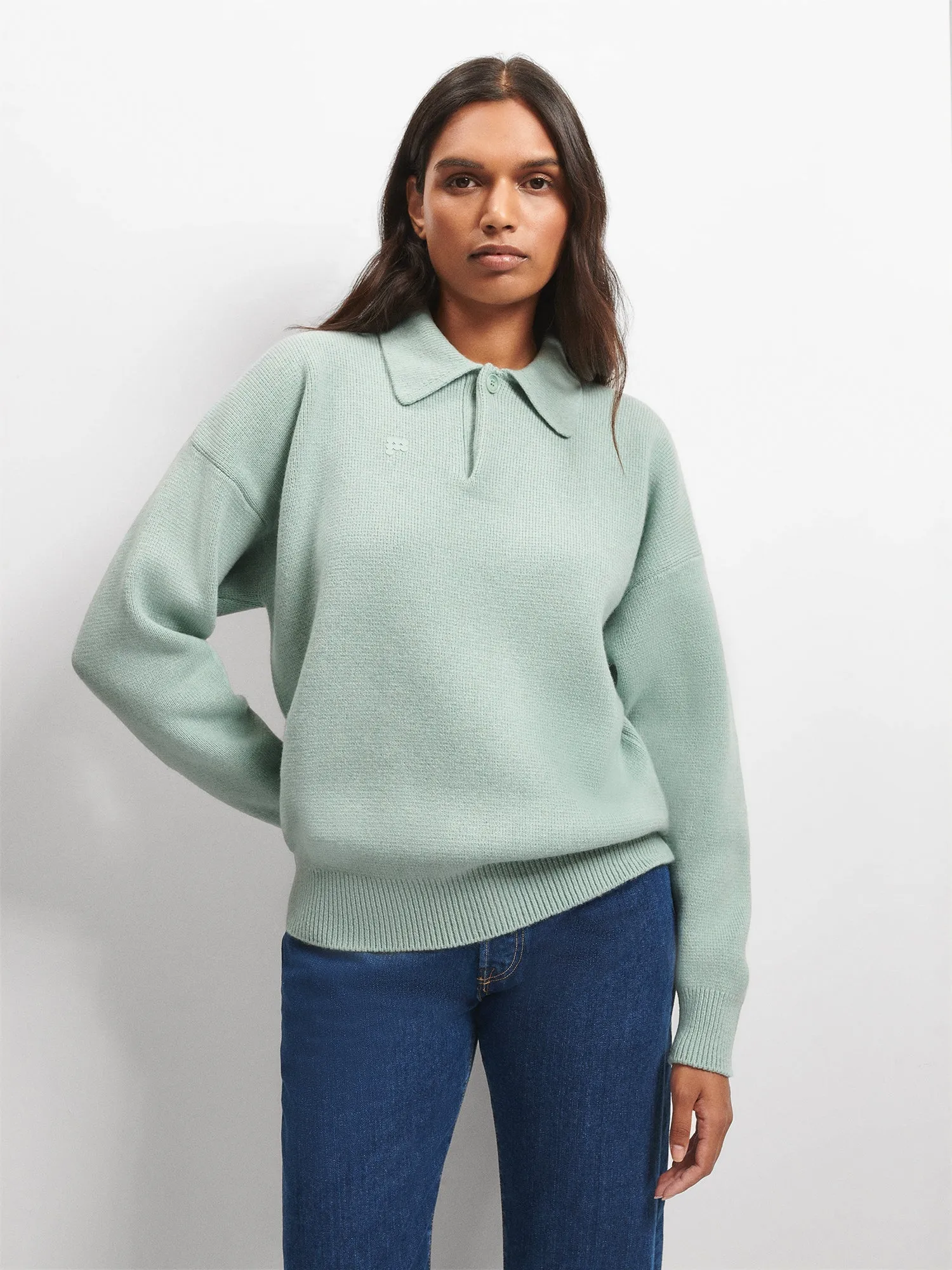 Womens Recycled Cashmere Polo Sweater—eucalyptus blue