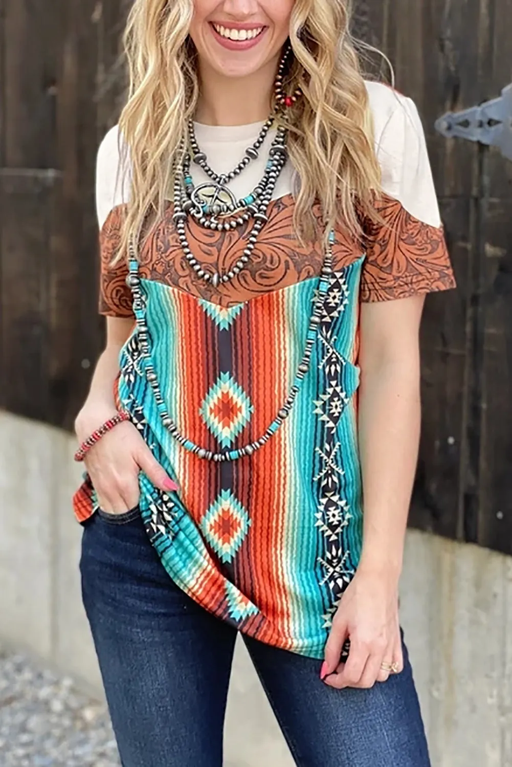 Women's Tribal Print T Shirt Crew Neck