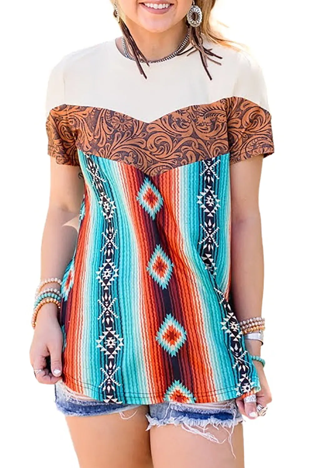 Women's Tribal Print T Shirt Crew Neck