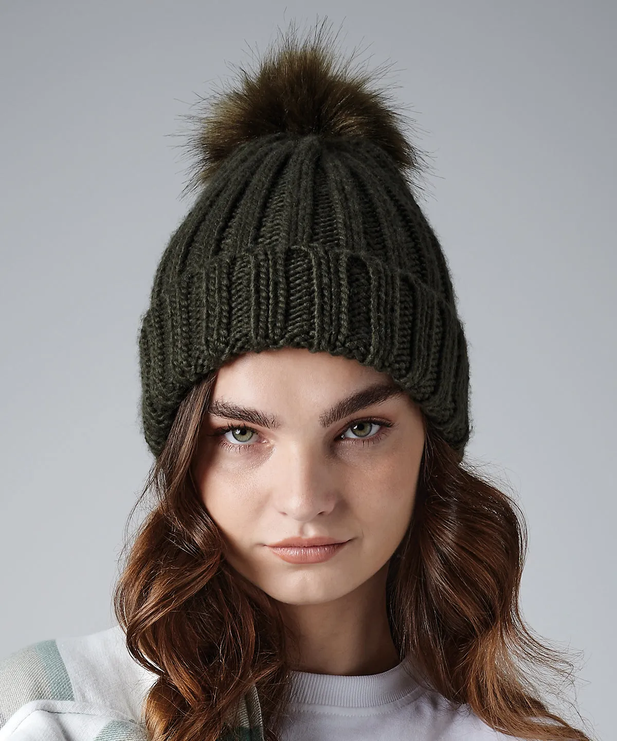 Women's Verbier Chunky Rib Knit Acrylic Pom Beanie {BC413}